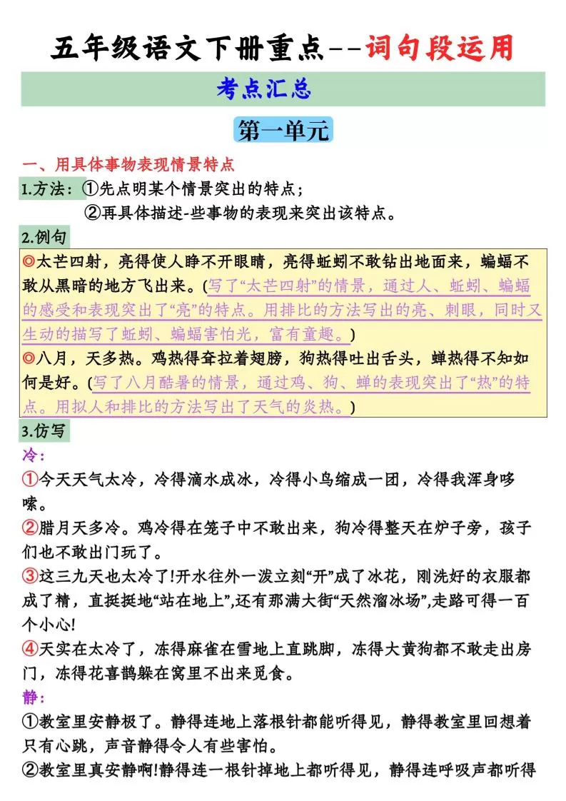 【全册词句段运用考点汇总】五下语文-大象资料网
