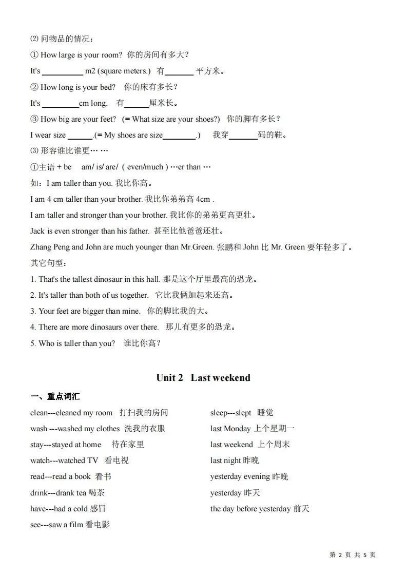 【知识点】六下人教版PEP英语期末复习知识总结