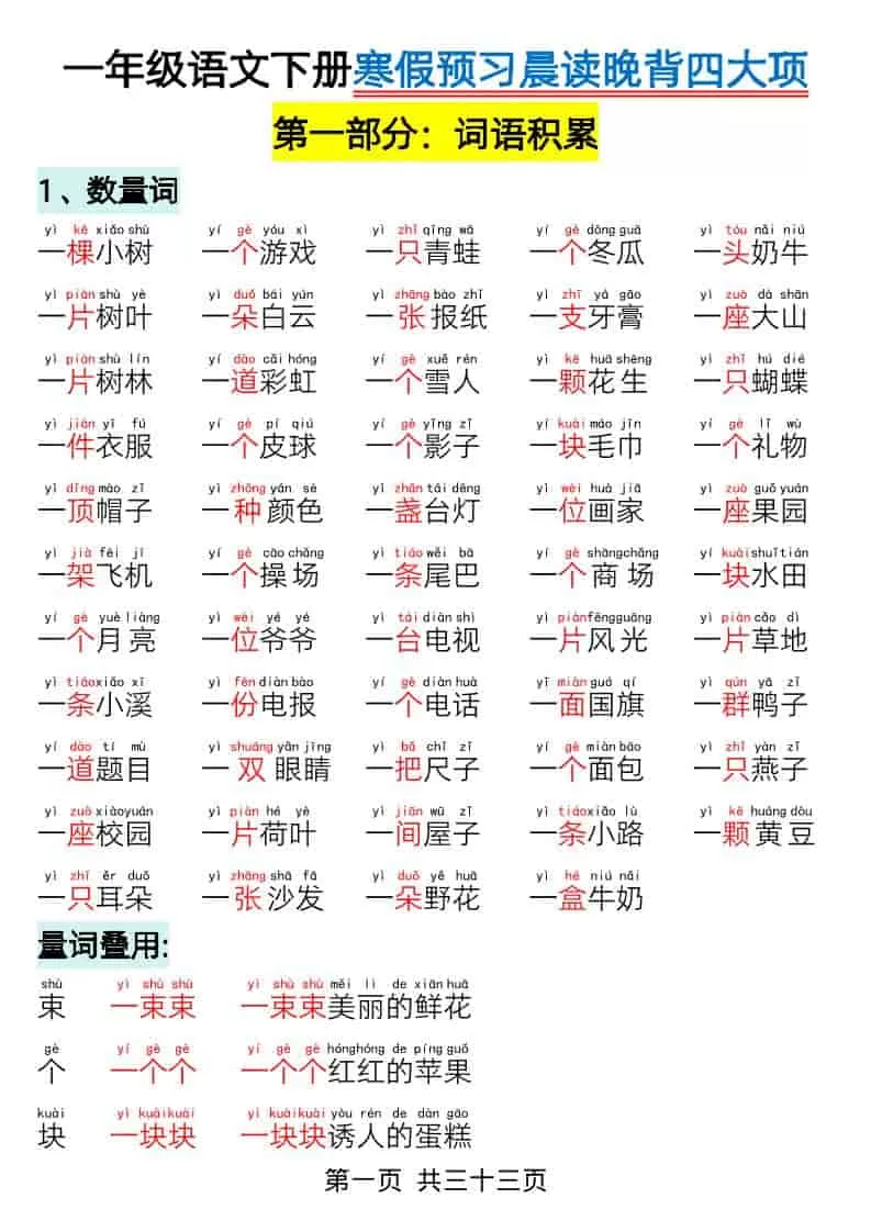 一年级下语文寒假预习-晨读晚背四大项-大象资料网
