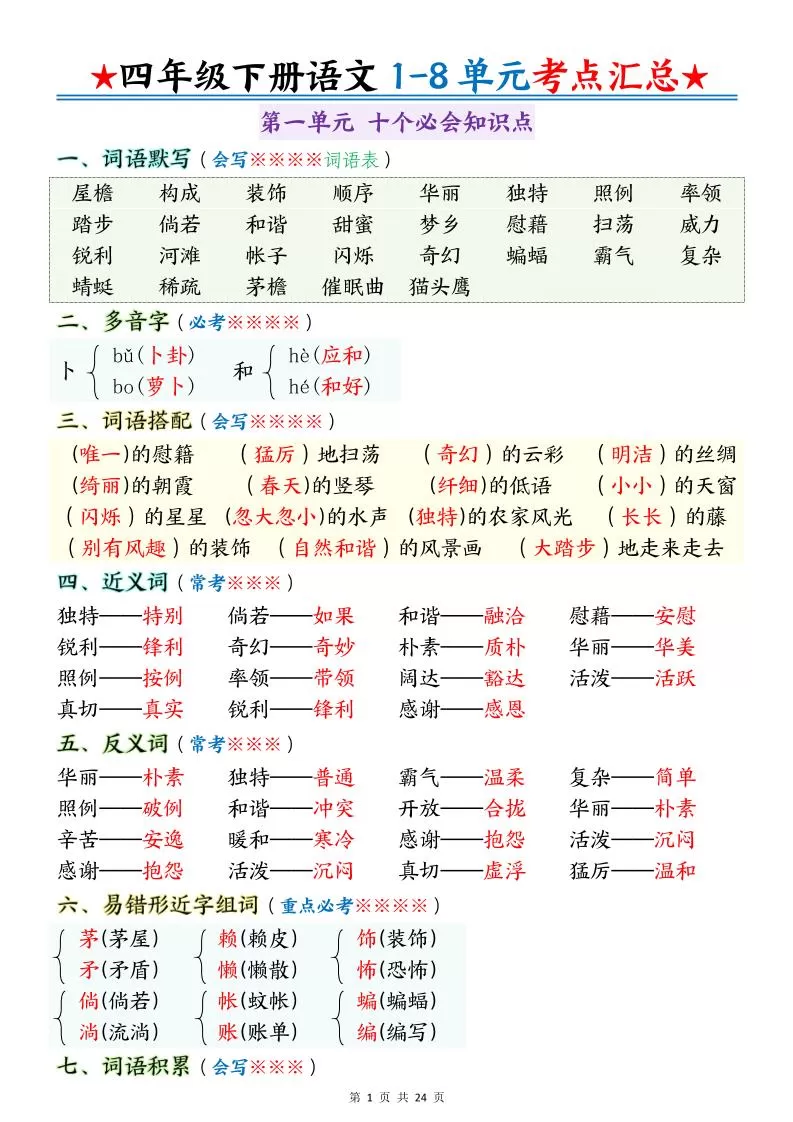 四下语文期末1-8单元十大考点必背-大象资料网