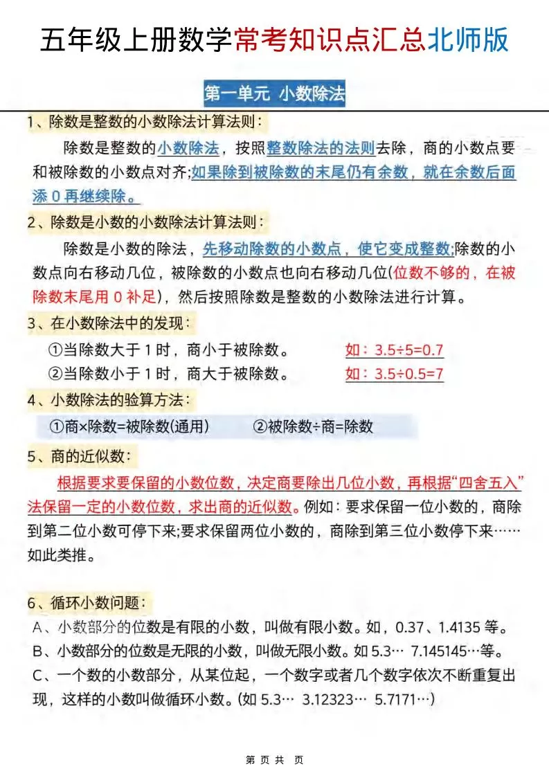 五年级上数学常考知识点汇总《北师版》-大象资料网