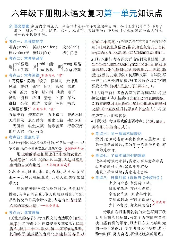 六下丨语文1-6单元单元知识点-大象资料网