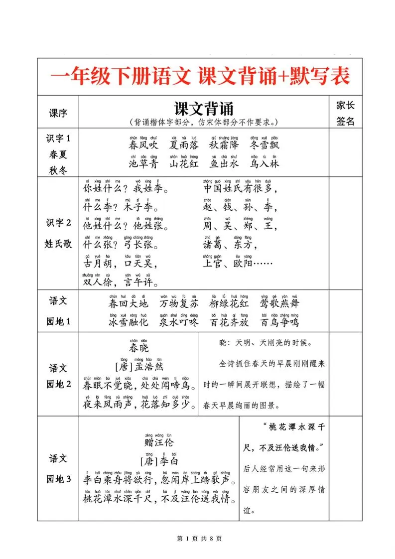 一下语文课文背诵+默写表-大象资料网