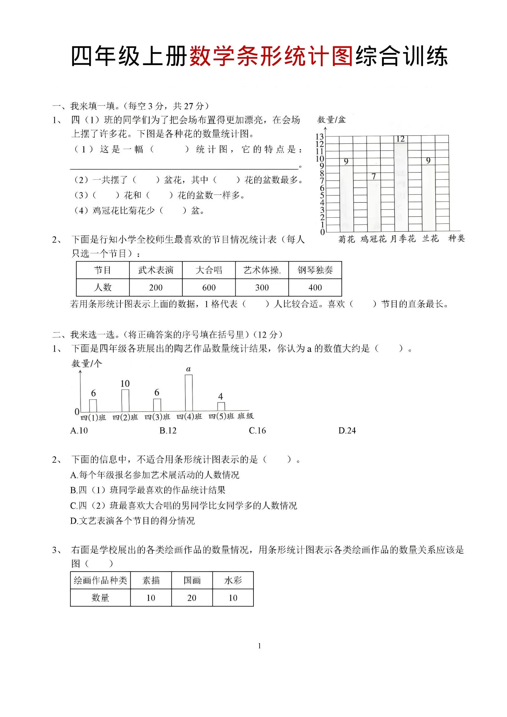四年级上数学条形统计图综合训练-大象资料网