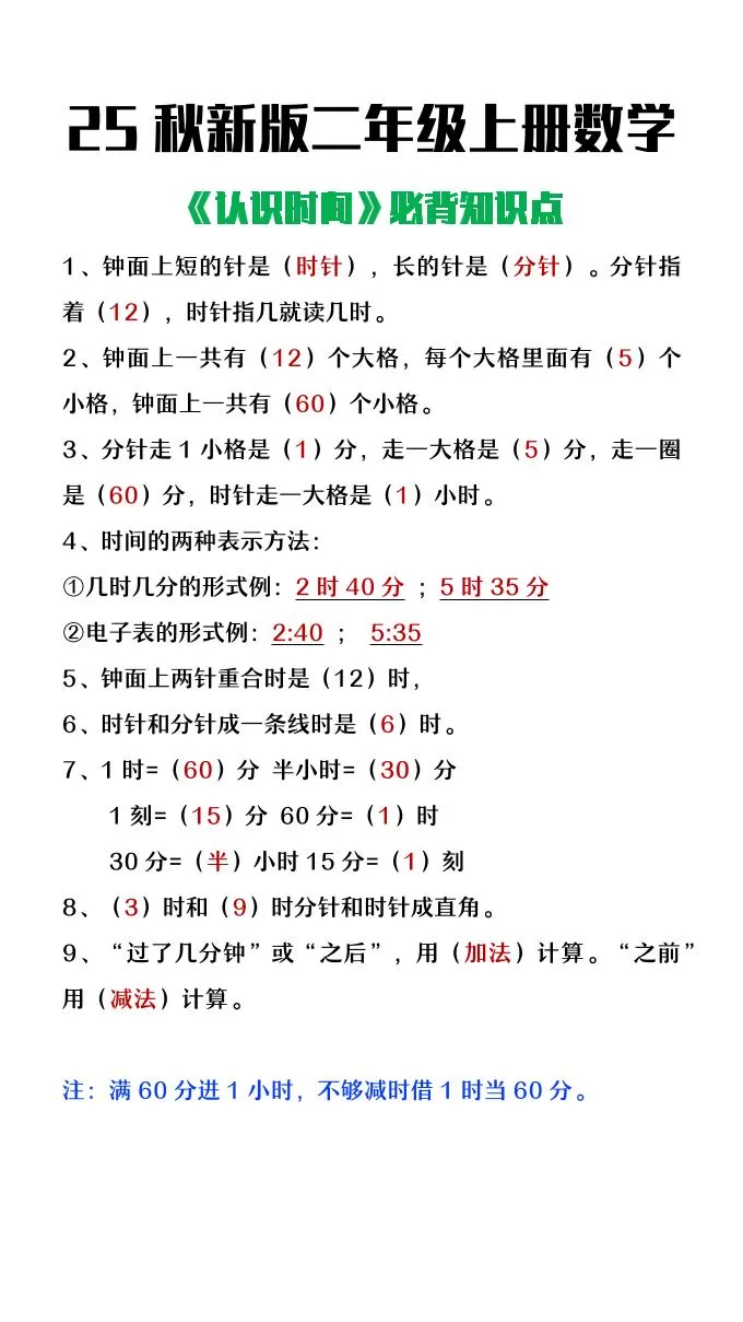 【2025秋新版】二年级上册数学认识时间必背知识点整理-大象资料网