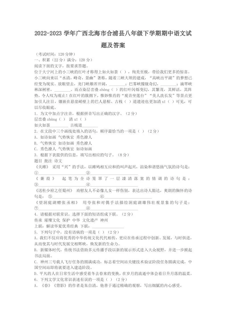 2022-2023学年广西北海市合浦县八年级下学期期中语文试题及答案(Word版)-大象资料网