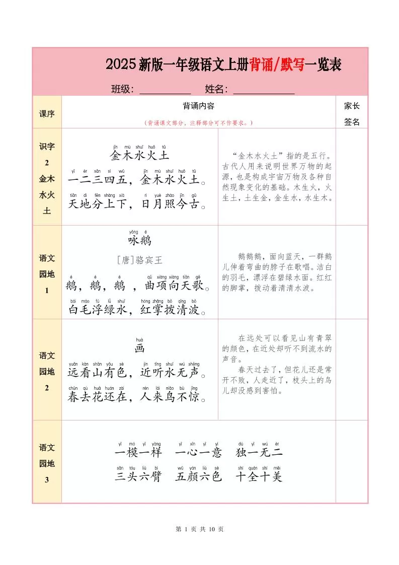 一上语文必背内容+默写表2025年9月-大象资料网