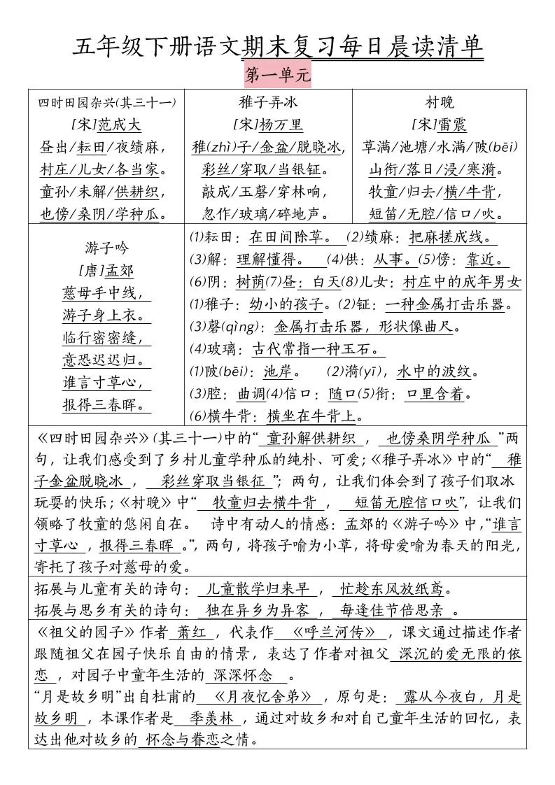 五下语文期末复习每日晨读清单-大象资料网