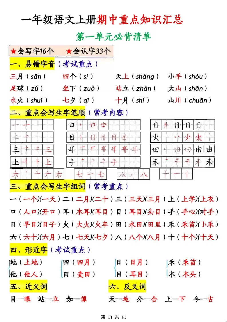 一年级上语文期中重点知识汇总-大象资料网