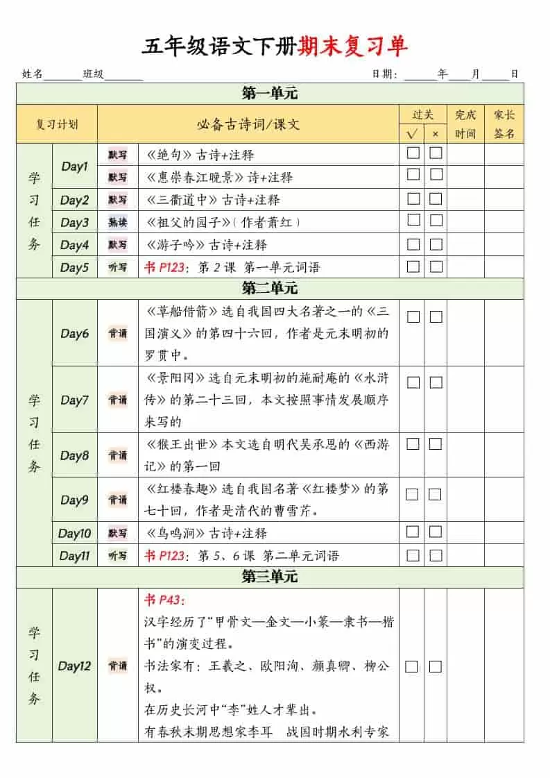 五年级下语文期末复习单-大象资料网