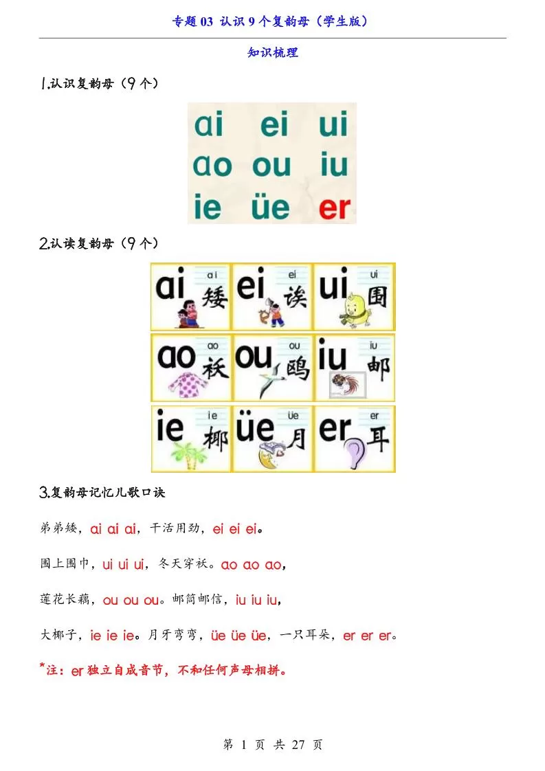 一上语文-专题03认识9个复韵母（知识+训练）-大象资料网