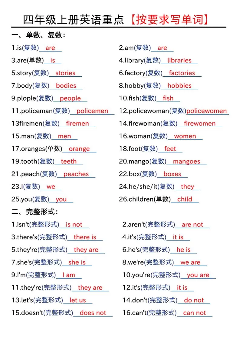 四年级上人教PEP版英语重点按要求写单词（答案）-大象资料网