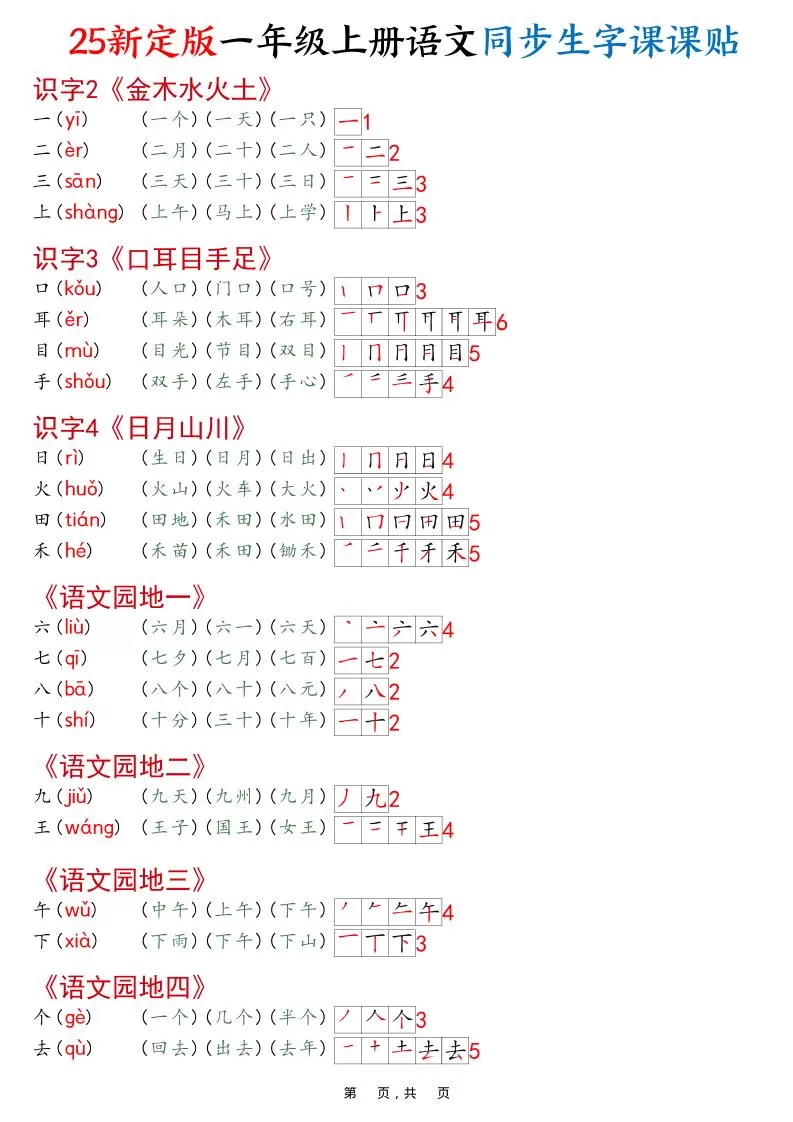 一年级上语文25最新版同步生字课课贴-大象资料网