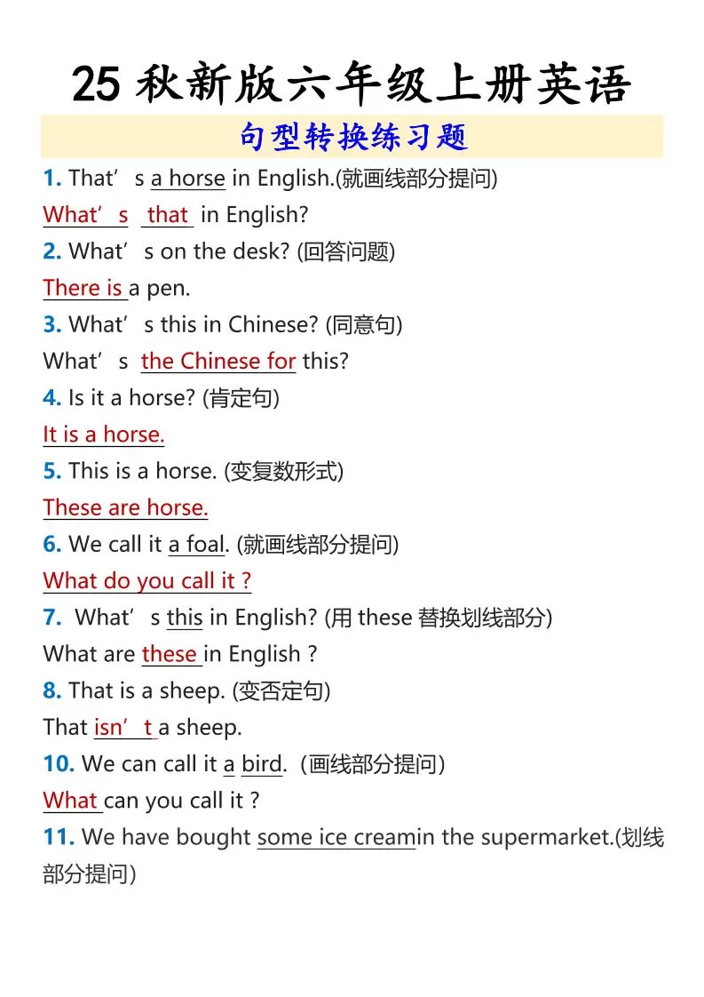 【2025秋新版】六年级上册英语句型转换练习题-大象资料网