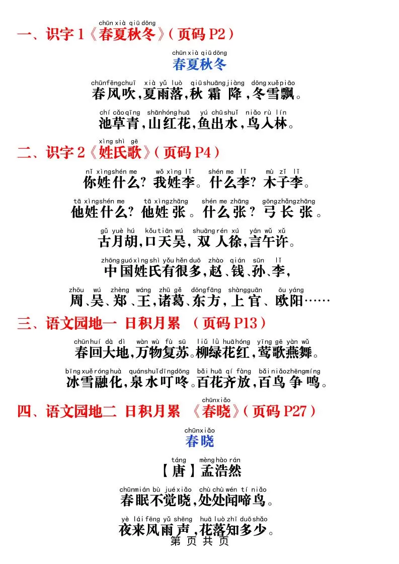 一年级下语文课本必背内容打卡