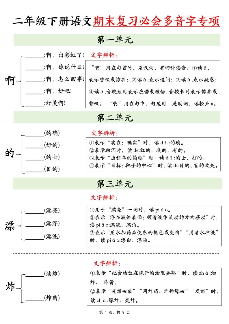 二下语文期末复习必会多音字专项练习（9页）-大象资料网