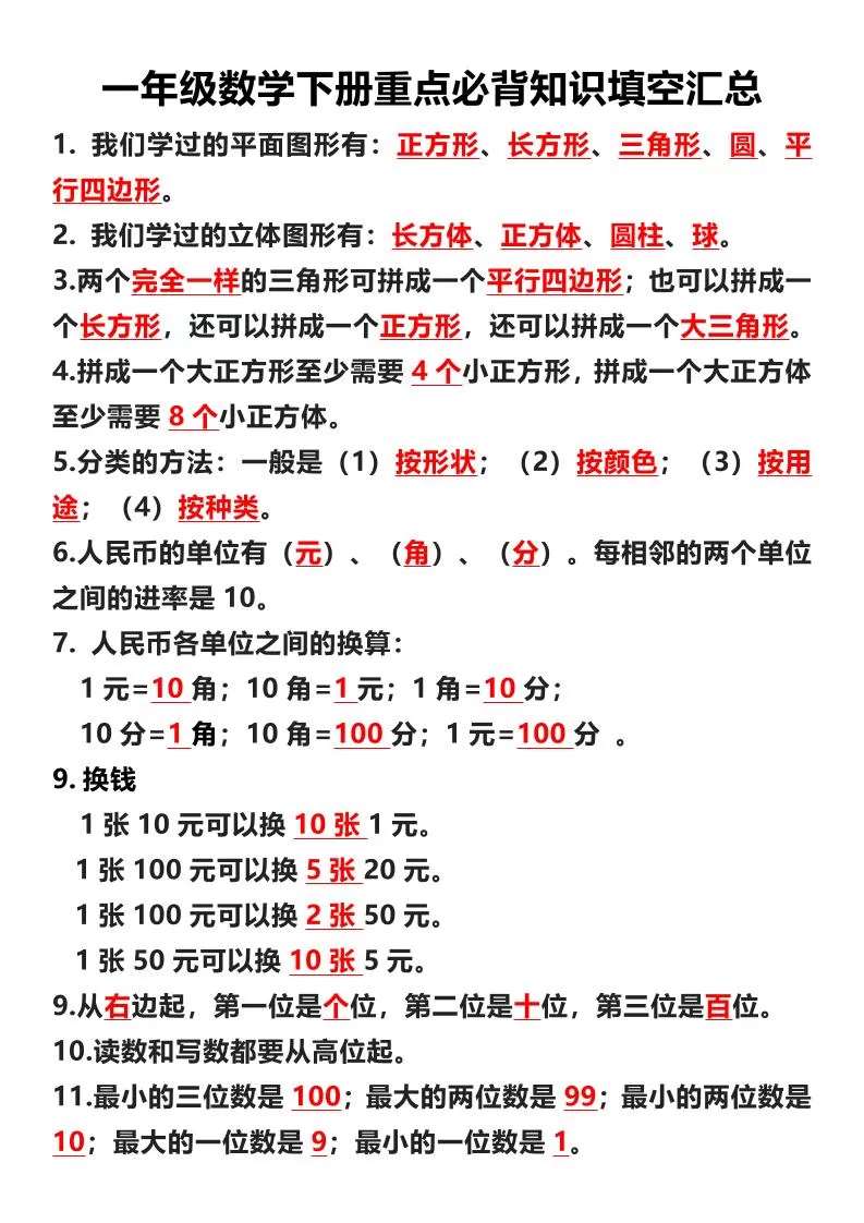 一年级下数学重点必背知识填空汇总-大象资料网