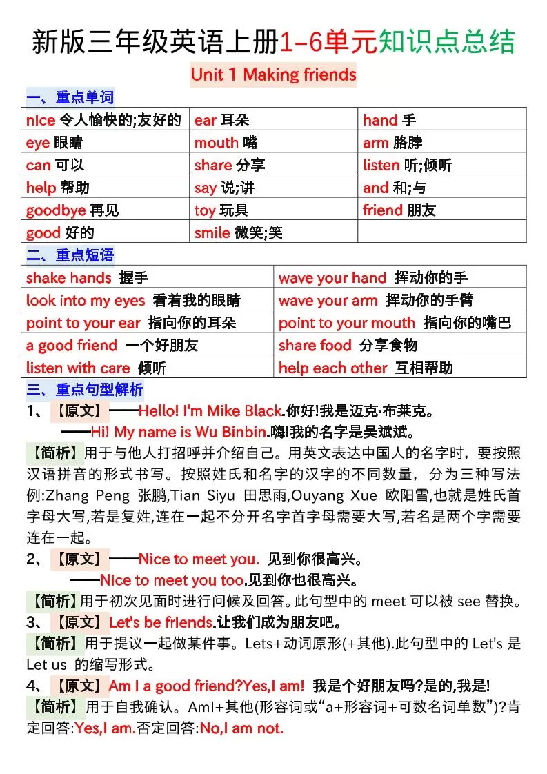 新版三年级英语上册1-6单元知识点总结-大象资料网