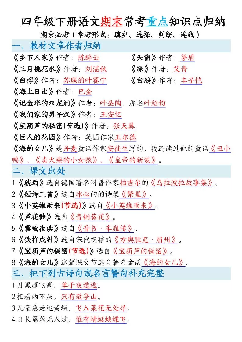四年级下册语文期末常考重点知识点归纳-大象资料网