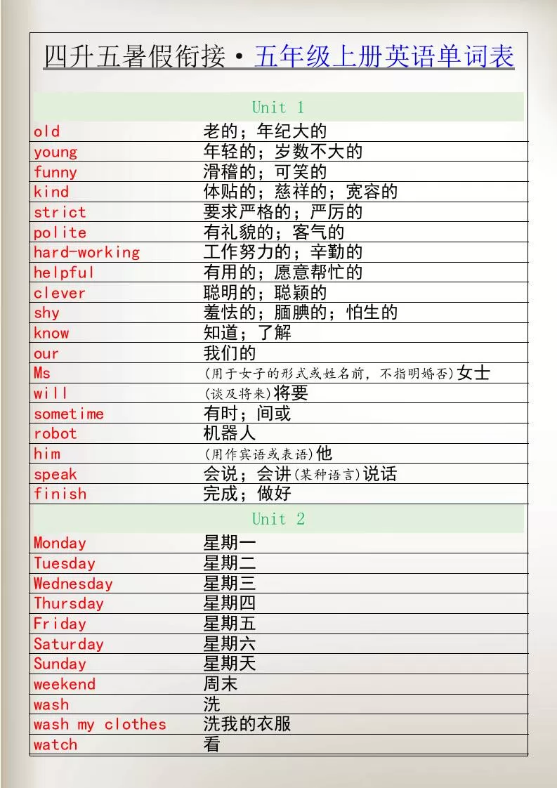 四升五暑假衔接五年级上册英语单词表-五上英语-大象资料网