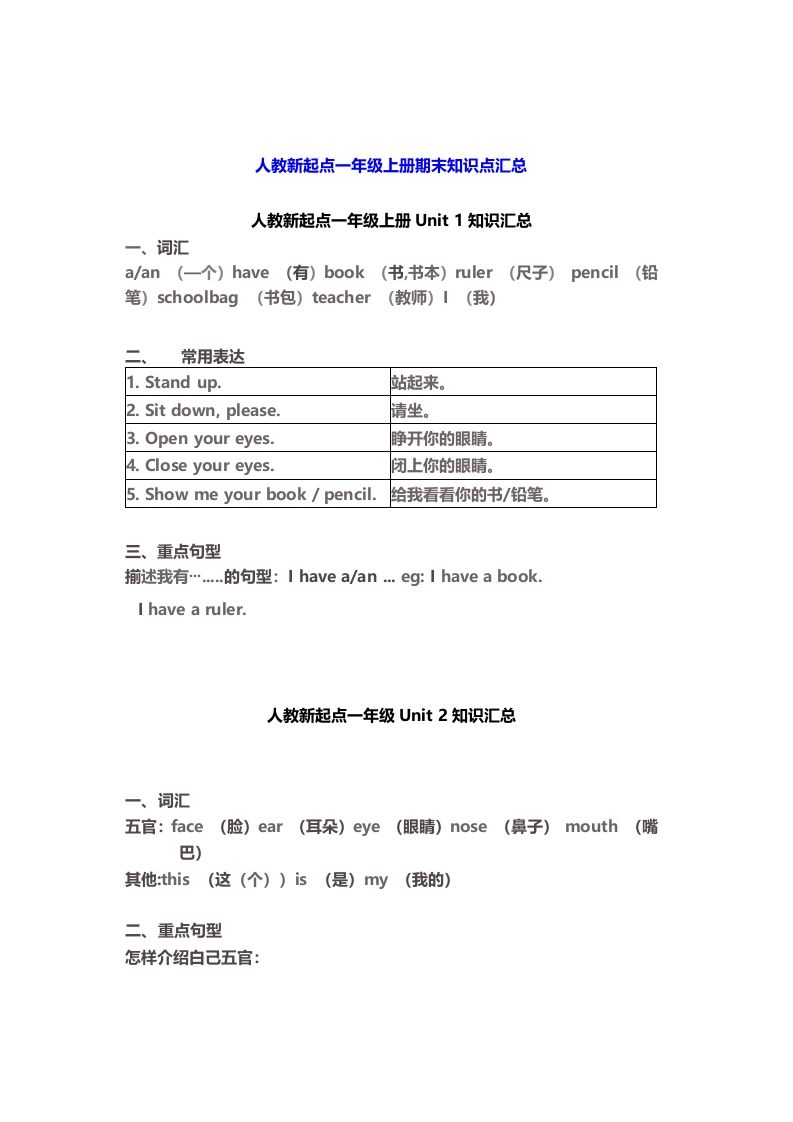 一年级英语上册期末知识点汇总6页（人教一起点）-大象资料网