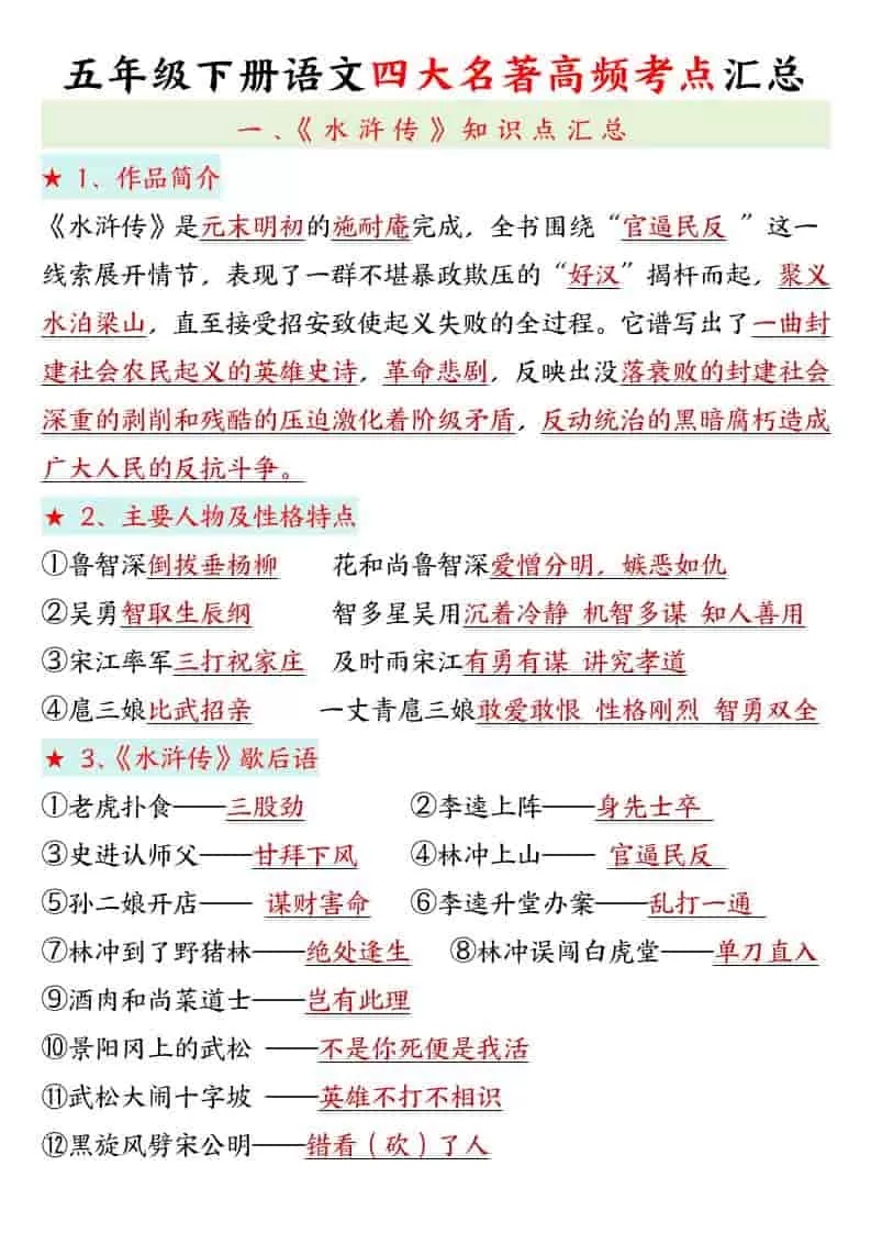 五年级下语文四大名著高频考点-大象资料网