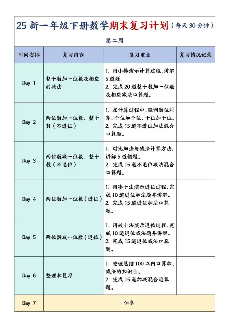 一年级下册数学期末复习计划及单元练习题