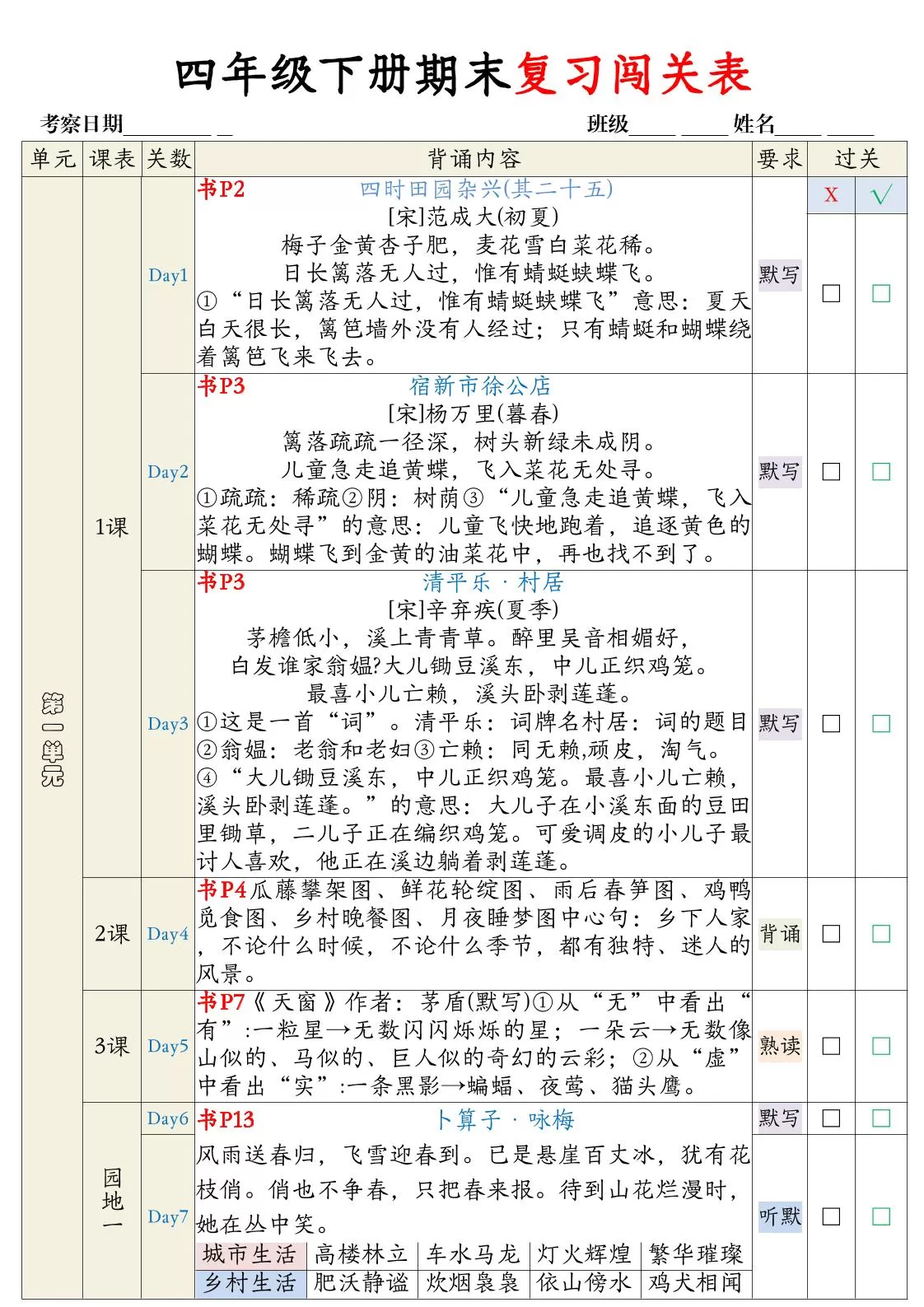 【期末复习背诵闯关表】四下语文-大象资料网