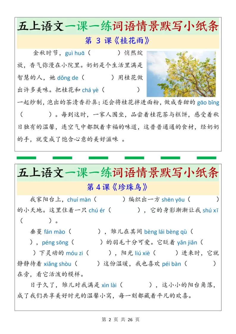 五上语文一课一练词语情景默写小纸条（含答案26页）