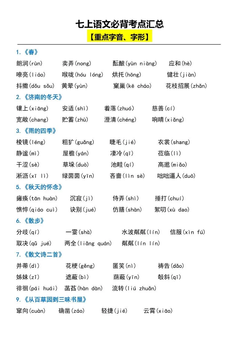 七上语文必背考点汇总-大象资料网