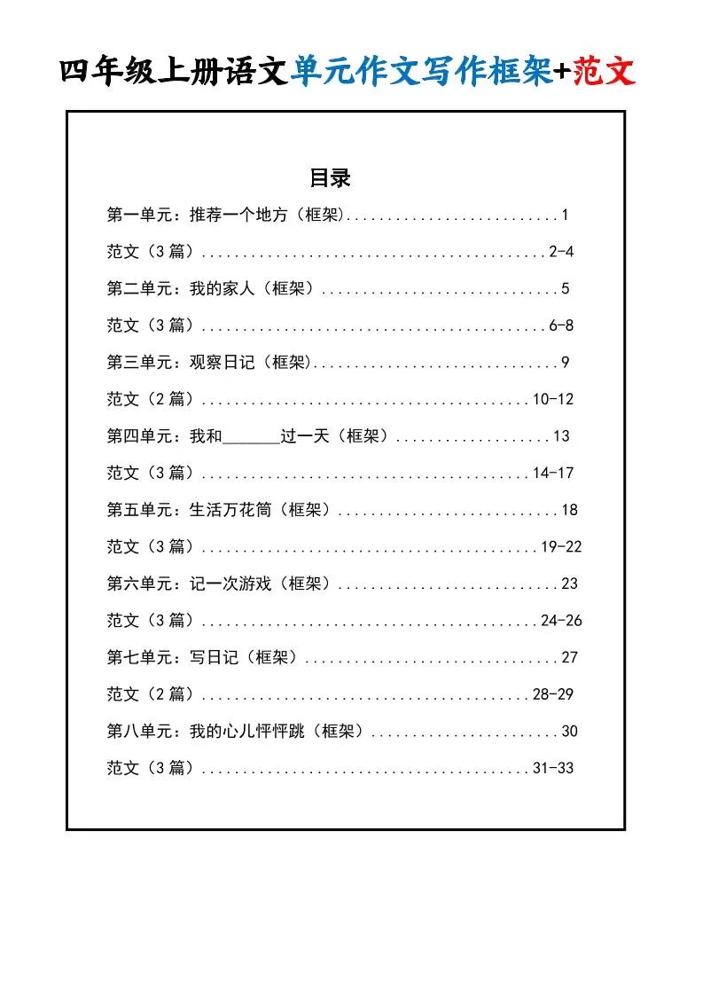 四上语文1-8单元作文写作框架+范文34页-大象资料网