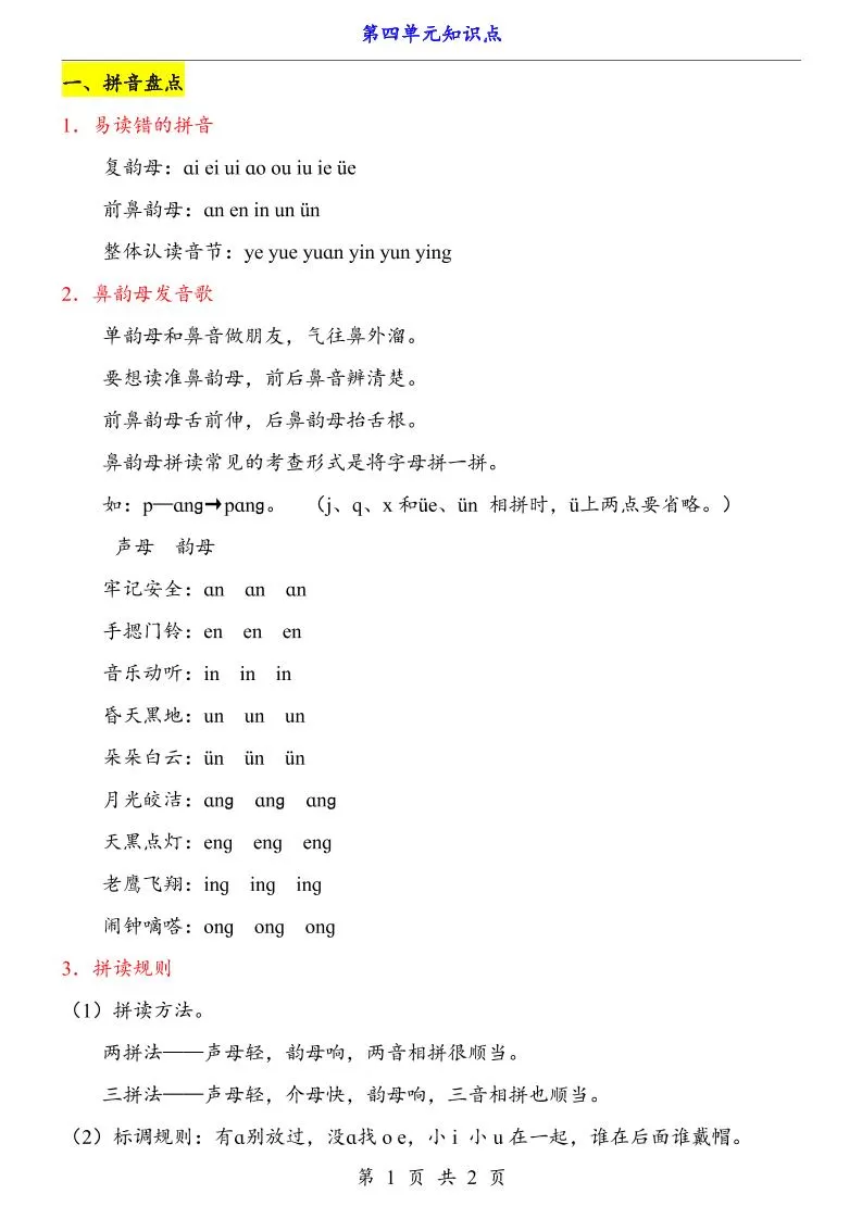 第4单元（知识点）一上语文-大象资料网