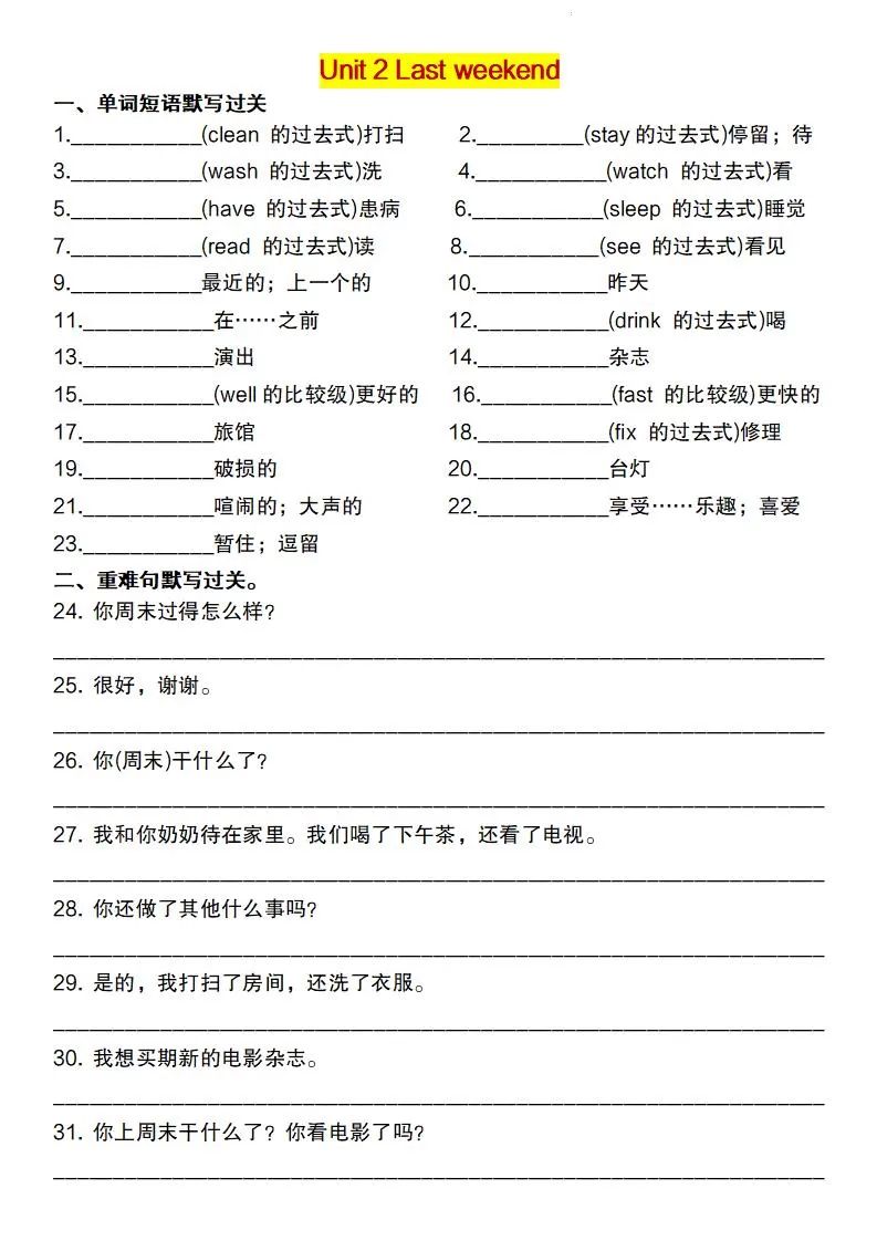 【英语】【人教pep版】2025春六下英语重点词句默写闯关单