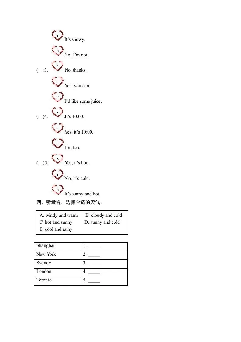 四年级英语下册Unit3WeatherPartB同步听力训练人教PEP版