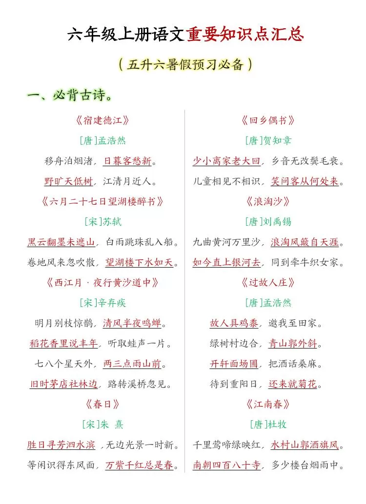 六年级上语文重要知识点汇总-大象资料网
