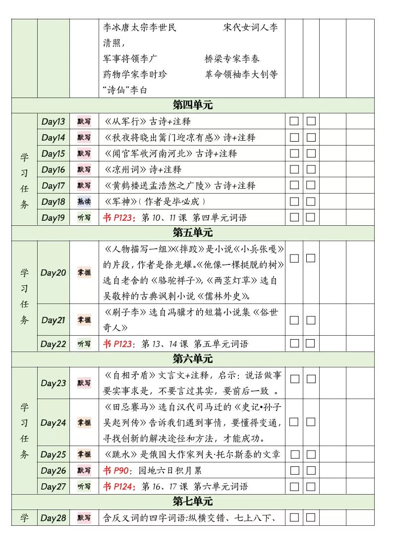 五下语文期末复习单