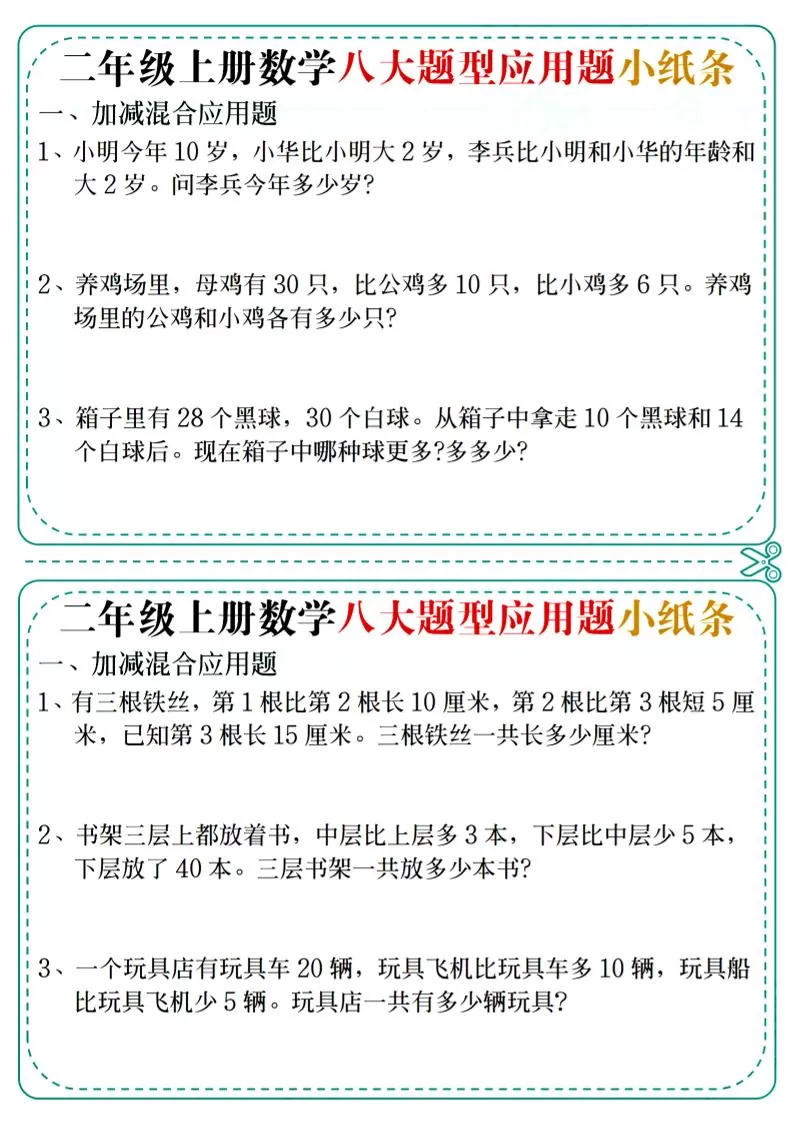 二年级上数学八大题型应用题小纸条-大象资料网