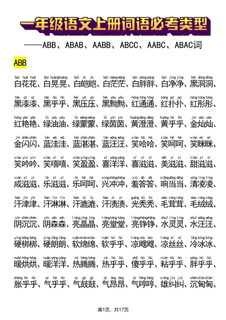 新一上语文词语必考类型(ABB、ABAB、AABB、ABCC、AABC、ABAC、ABCB类词语)17页-大象资料网