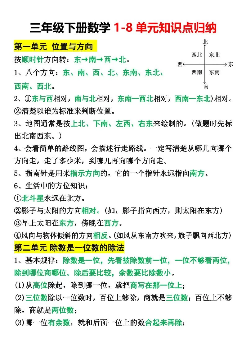 三年级下册数学1-8单元知识点归纳(改)-大象资料网